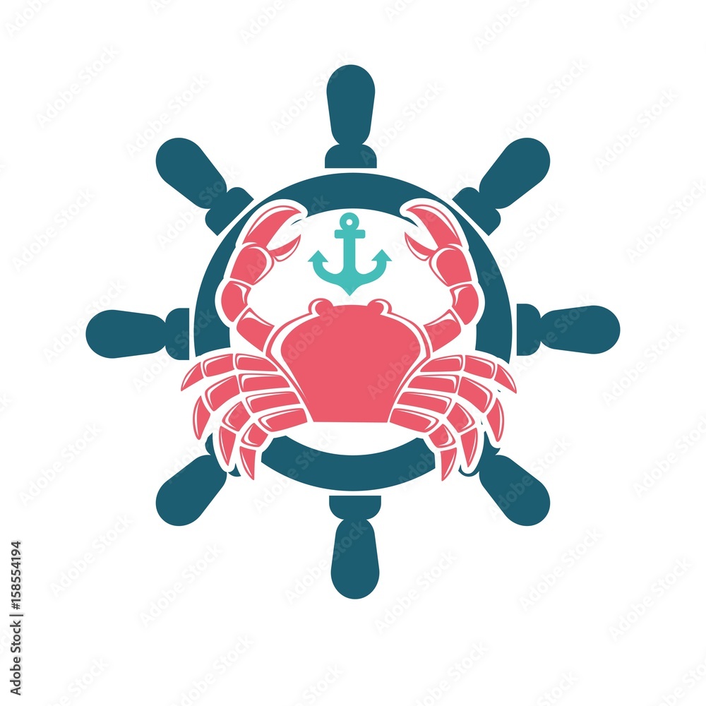 Seafood menu emblem with red crab and steering wheel Seafood menu emblem with red crab and steering wheel