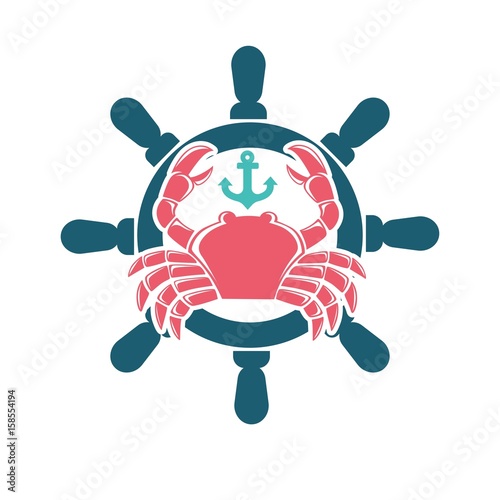 Seafood menu emblem with red crab and steering wheel