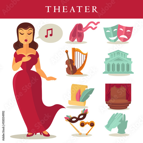Theater or opera vector flat icons singer, ballet and stage