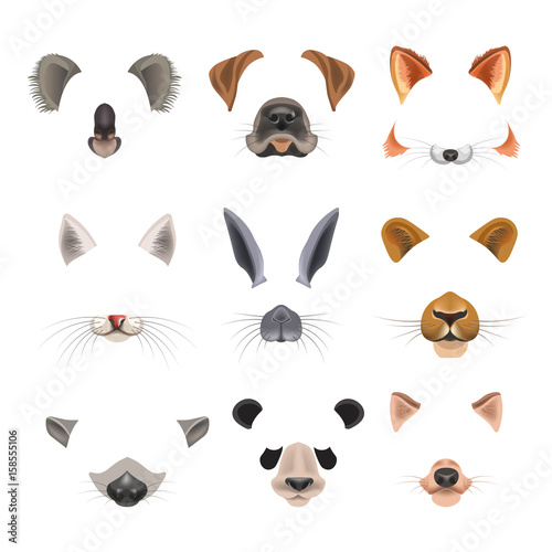 Video chat effects animal faces flat icons templates of dog, rabbit, cat