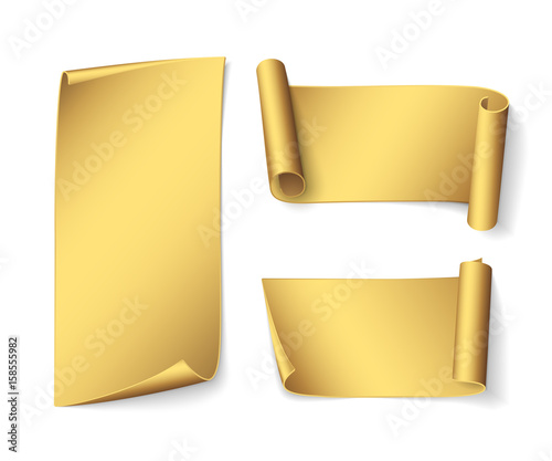 Set of short realistic gold ribbons. Vector curved paper banners for promotional design. Isolated from the background.