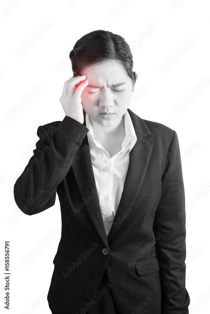 Headache symptom in a businesswoman isolated on white background. Clipping path on white background. Headache symptom in a businesswoman isolated on white background. Clipping path on white background.