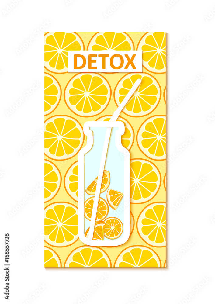 Fototapeta premium Silhouette of a bottle with a straw, citrus orange fruit. Vector card llustration.