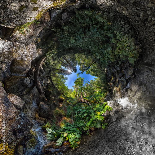 Fototapeta Naklejka Na Ścianę i Meble -  Spherical panorama Tree of life spiral made of water and stones