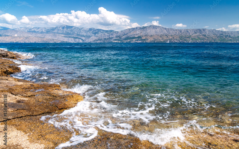 View from the island of Brac on the Adriatic Sea and coast with the mountain Biokovo, Croatia, Europe View from the island of Brac on the Adriatic Sea and coast with the mountain Biokovo, Croatia, Europe