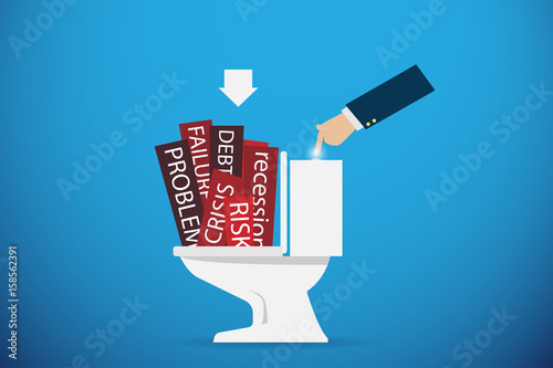 business hand flushing the problem word going down the toilet, solution concept