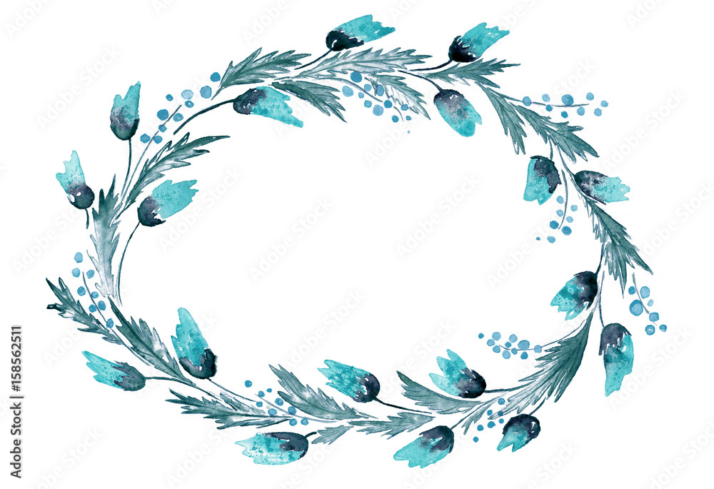 Floral wreath with wild flowers in blue and cyan tones. Watercolour frame.
