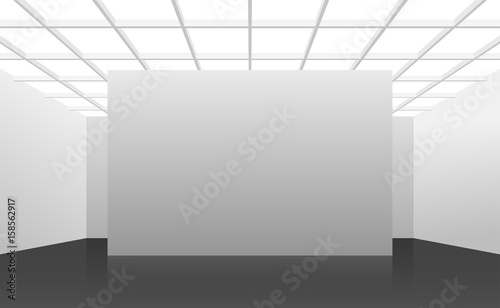 Vector 3d illustration. White interior of not existing building with black floor and square cellular ceiling and top light in perspective. Symmetrical view. Place for text.