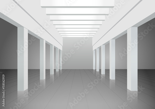 Vector 3d illustration. White interior of of not existing building with columns and beamed ceilings and top light. Symmetrical view.