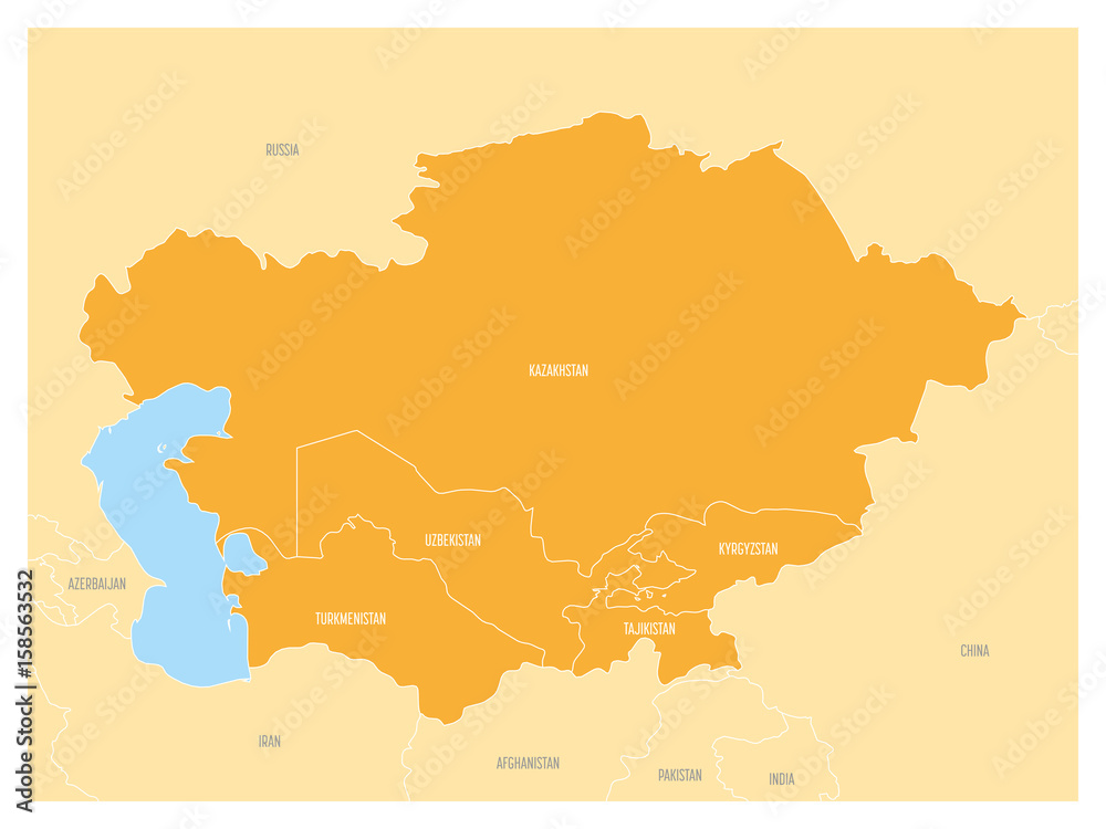 Map of Central Asia region with orange highlighted Kazakhstan, Kyrgyzstan, Tajikistan, Turkmenistan and Uzbekistan. Flat vector map with blue water, yellow lands and country name labels.