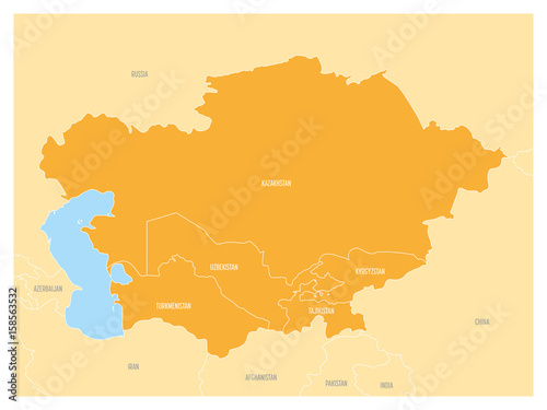 Map of Central Asia region with orange highlighted Kazakhstan, Kyrgyzstan, Tajikistan, Turkmenistan and Uzbekistan. Flat vector map with blue water, yellow lands and country name labels.