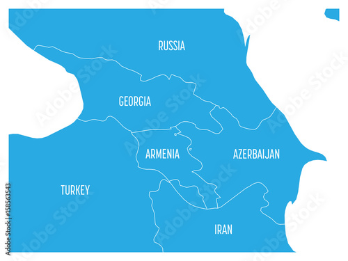 Map of Caucasian region with states of Georgia, Armenia, Azerbaijan, Russia Turkey and Iran. Flat blue map with white country borders and labels.