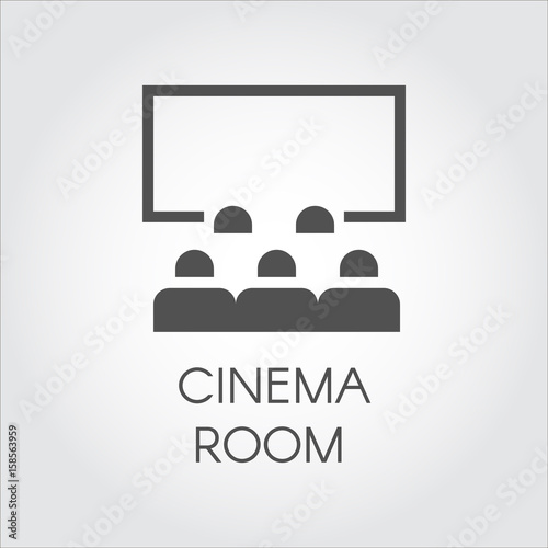 Black simple icon of audience in room cinema or video presentation concept. Design web pictogram. Label drawn in flat style on a gray background. Vector illustration logo for your projects