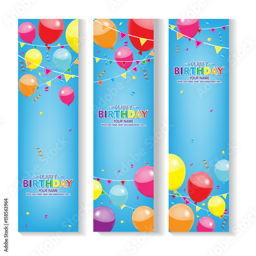 Editable blue vertical happy birthday banner with balloon and confetti decoration set. x banner  design Print 