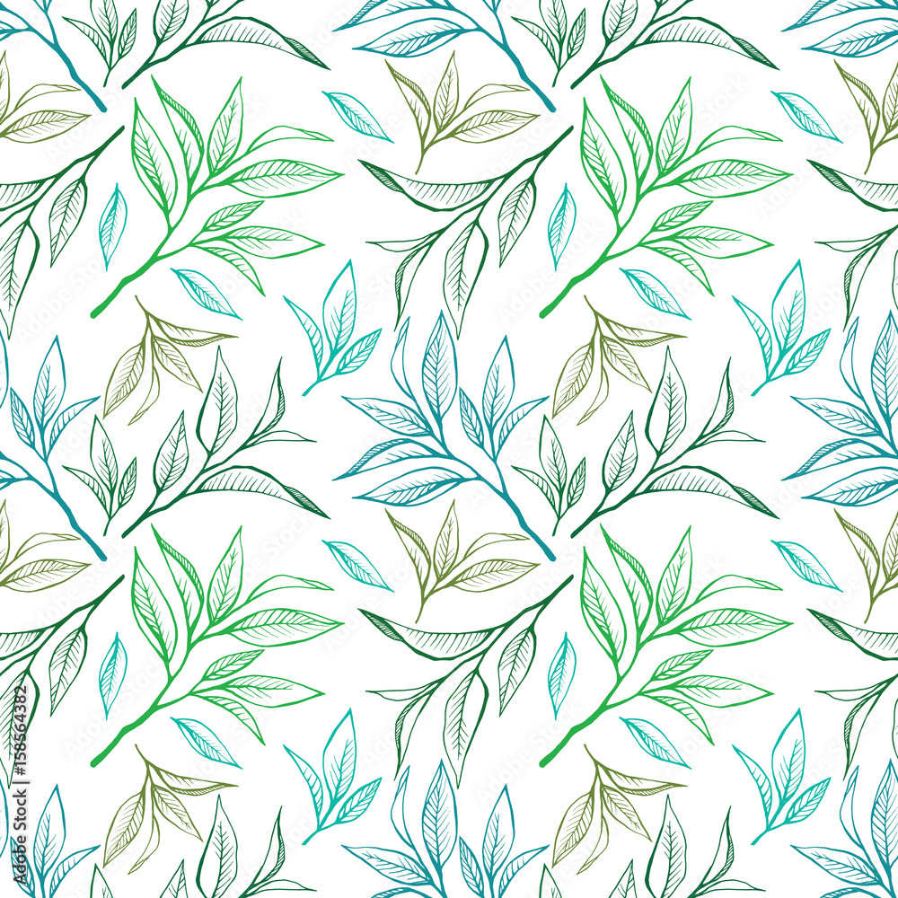Naklejka premium Tea leaves seamless pattern. Food background in hand drawn style. Colorfull contour on white