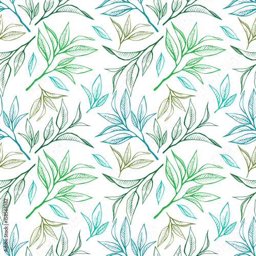 Tea leaves seamless pattern. Food background in hand drawn style. Colorfull contour on white