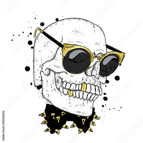 A stylish skull with glasses and a butterfly with spikes. Vector illustration for a card or poster, print on clothes. The hipster skeleton. Fashion & Style.