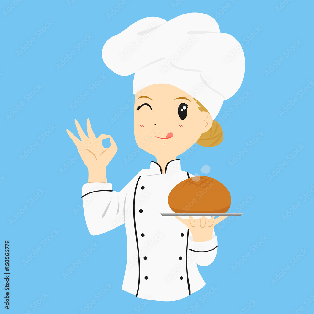 female baker carrying a bread bun. gestured ok sign and give a wink female baker carrying a bread bun. gestured ok sign and give a wink