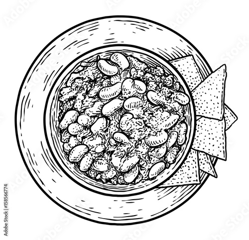 Chili con carne illustration, drawing, engraving, ink, line art, vector