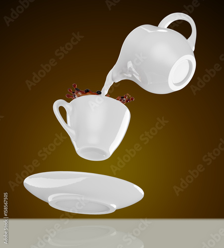 Milk being poured into small cup of coffee. 3d