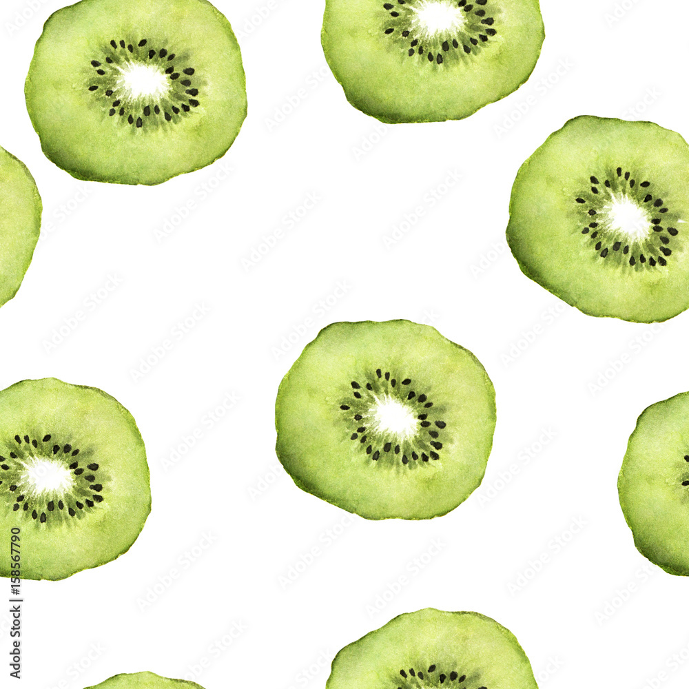 Fototapeta premium Watercolor seamless pattern with kiwi slices. Repeating green fruit background