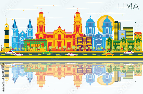 Lima Skyline with Color Buildings, Blue Sky and Reflections.