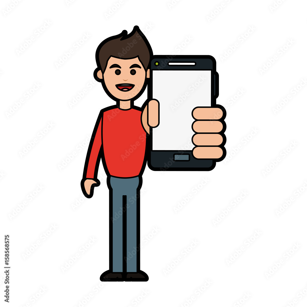 smiling man holding smartphone icon image vector illustration design 