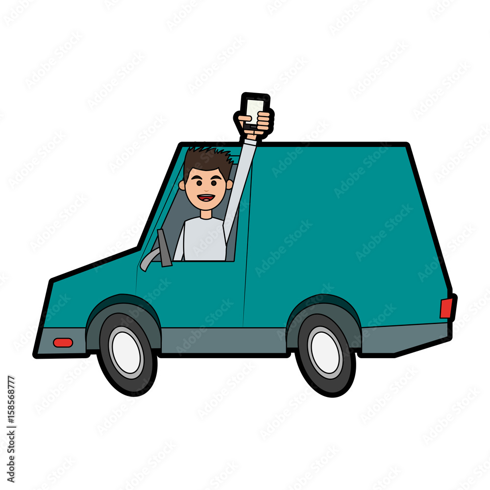 happy man holding cellphone while driving car icon image vector illustration design happy man holding cellphone while driving car icon image vector illustration design