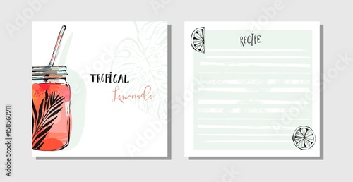 Hand drawn vector abstract cooking cards recipe collection set template with detox water drink glass jar,lemons and tropical palm leaves isolated on white background.