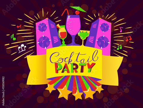 Cocktail party lettering on banner. Disco clud poster with loudspickers and music. photo