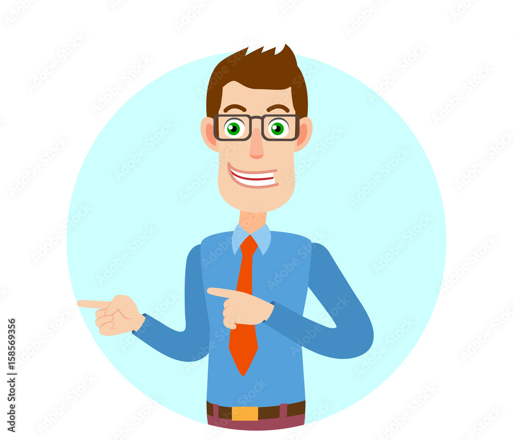 Businessman pointing something beside of him Businessman pointing something beside of him