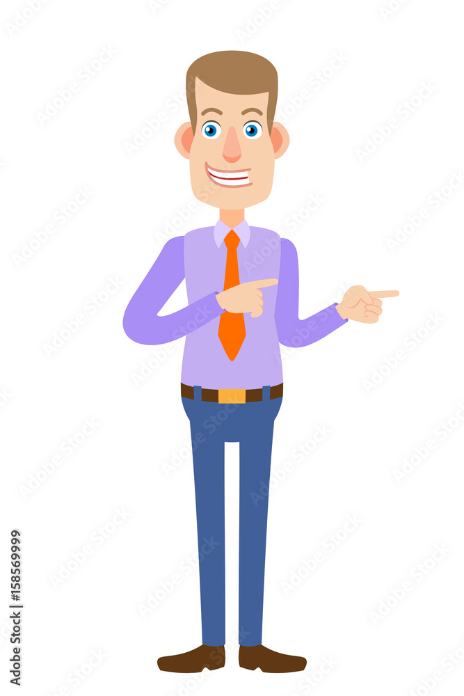 Businessman pointing something beside of him Businessman pointing something beside of him