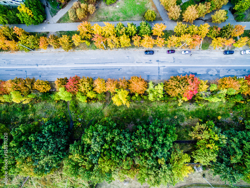 Aerial view - autumn city road from high with cars