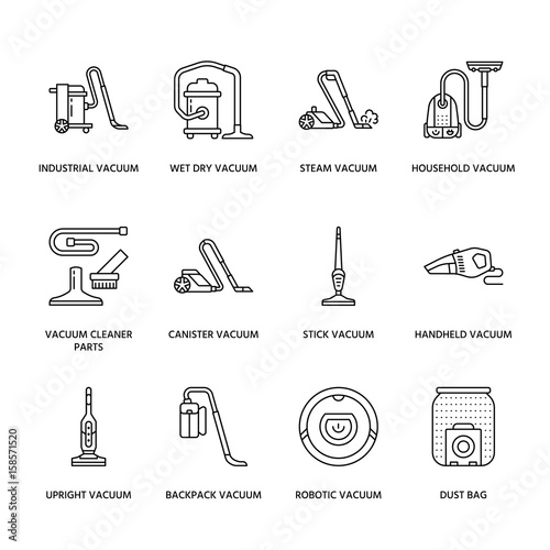 Vacuum cleaners colored flat line icons. Different vacuums types - industrial, household, handheld, robotic, canister, wet dry. Thin linear signs for housework equipment shop.