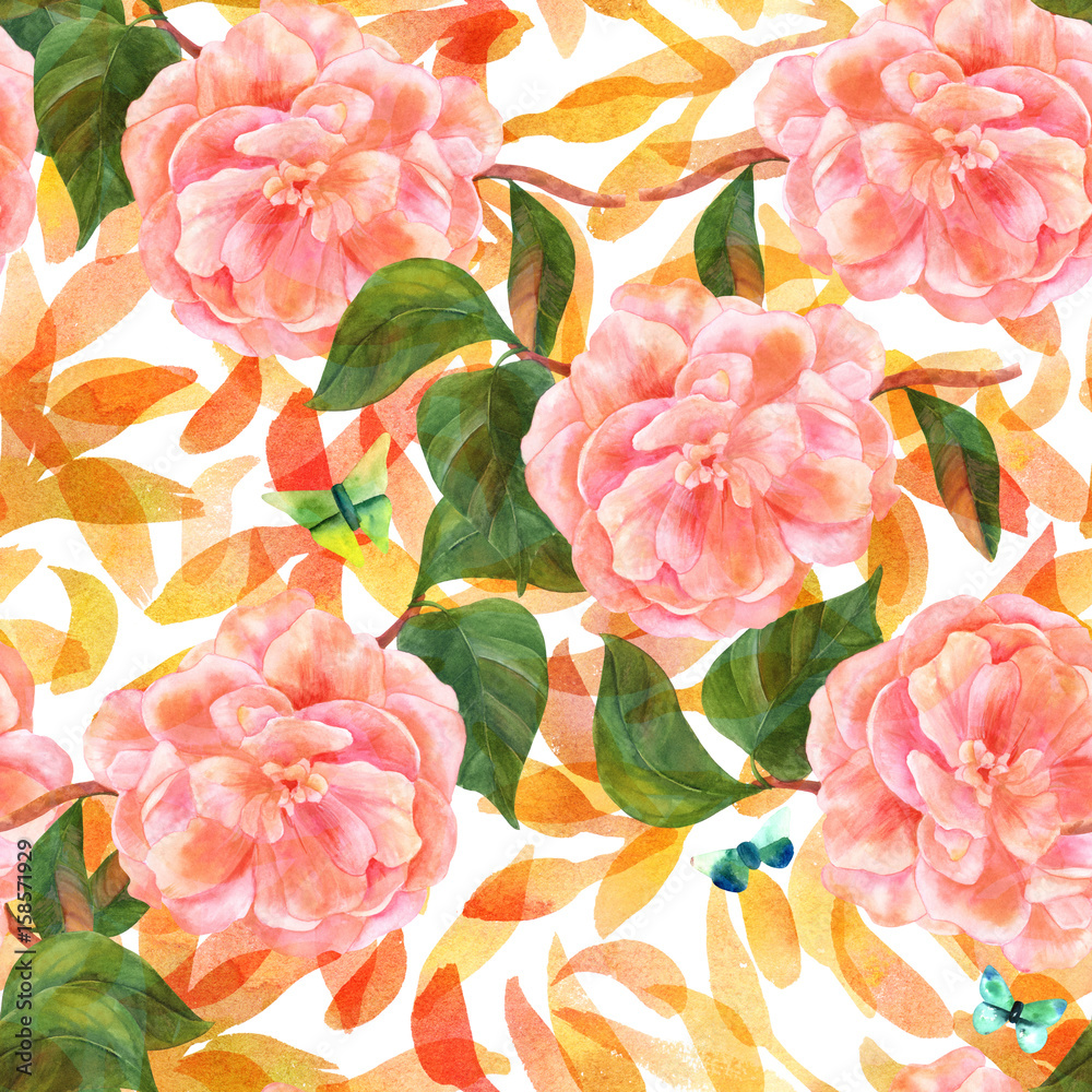 Seamless pattern with watercolor camellias and butterflies