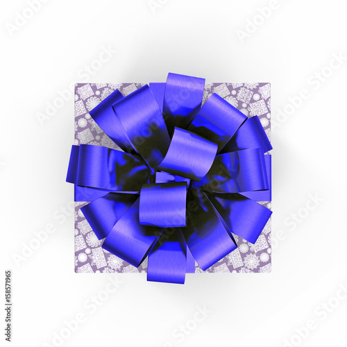 Blue gift box with ribbon on white. Top view. 3D illustration