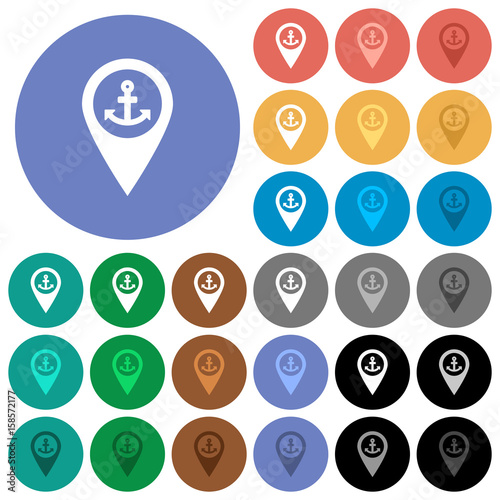 Sea port GPS map location round flat multi colored icons
