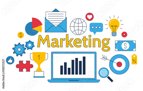 Marketing symbols  digital media  line business illustration vector