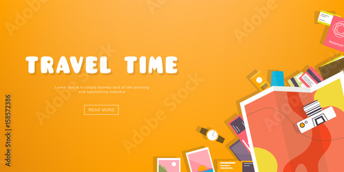 Travel time. Horizontal advertising banner on theme travel, vacation. Preparing for journey. Orange backdrop with things necessary traveler. Top view. Colorful vector background in flat style.