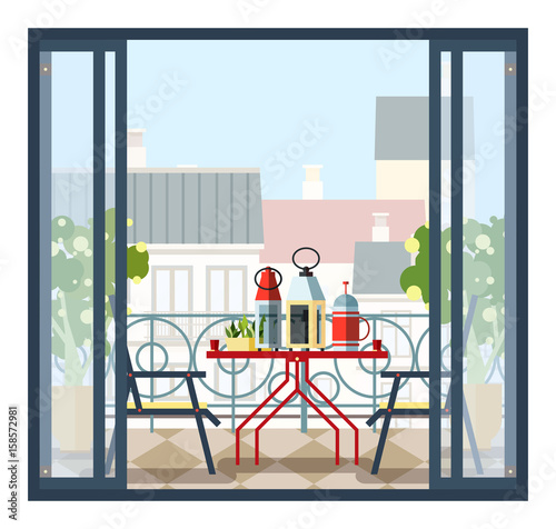 Interior of balcony, table and chairs, potted trees. Beautiful scenery, view of city from open door. Colorful vector illustration in flat style.