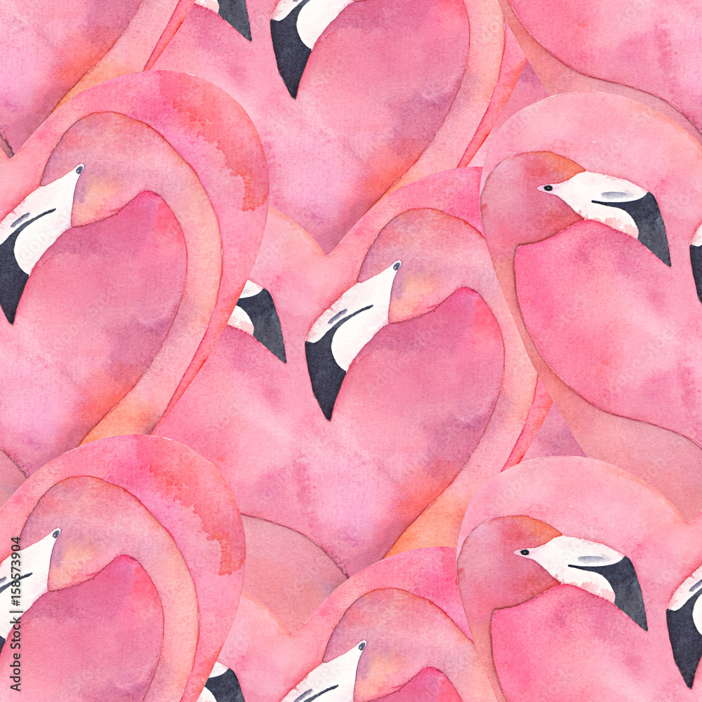 Seamless pattern with watercolor pink flamingo couple in the shape of a heart