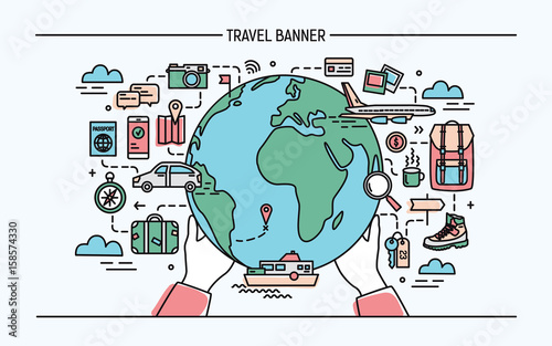 Concept of travel and tourism. Horizontal advertising banner with earth, globe, transport, things necessary traveler. Colorful vector illustration in lineart style.