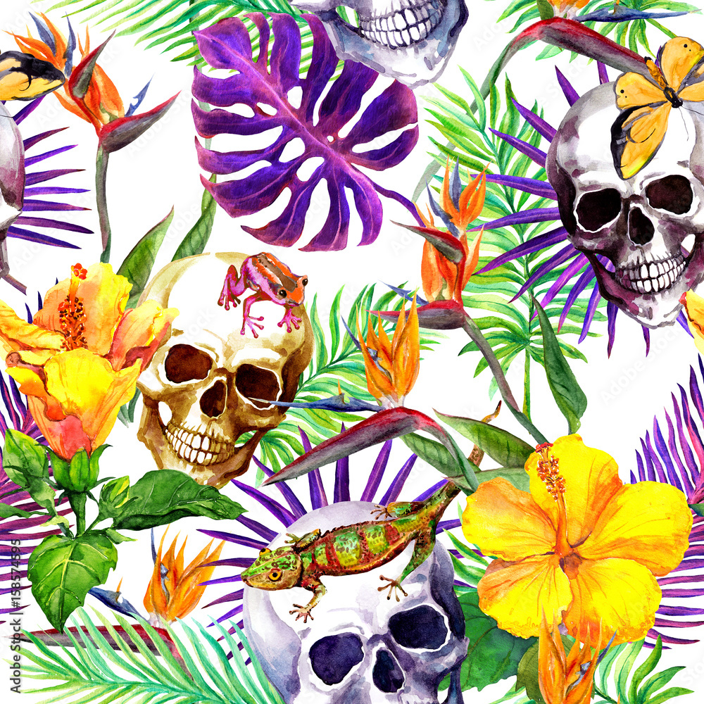 Human skulls, tropical leaves, jungle animals, exotic flowers. Repeating pattern. Watercolor