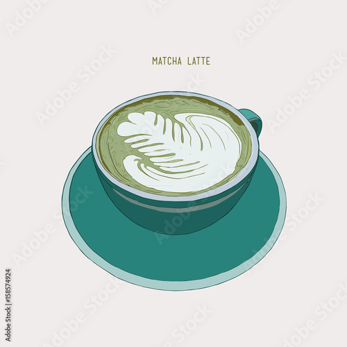 matcha latte , latte hot drink with latte art, sketch vector.
