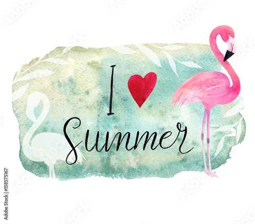 Pink flamingo and calligraphy I love summer on watercolor green background. V...