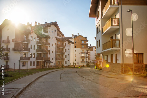 Mountain Village in the summer. Rosa Khutor, Sochi. Sun view of the plateau, hotel complexes