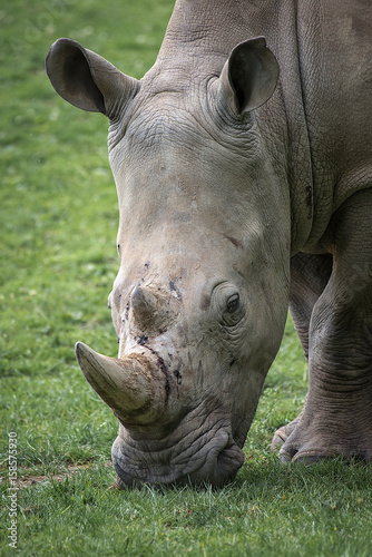 Very close portrait of a rhinoceros with its head down grazing on grass in an upright vertical format