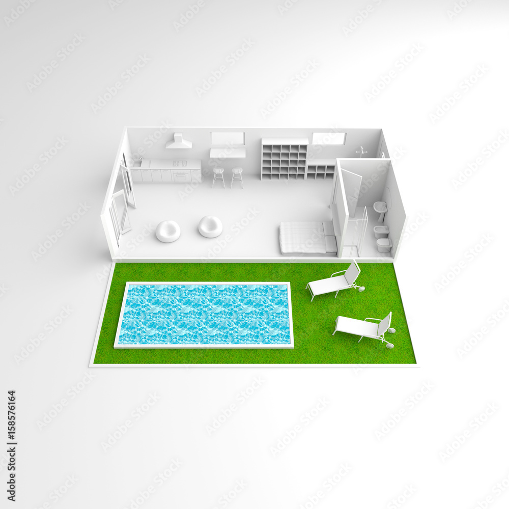 Obraz premium 3d interior rendering of furnished bungalow apartment