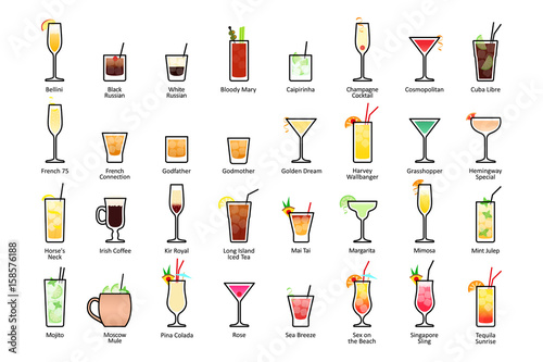 Alcoholic cocktails with titles. IBA official cocktails, Contemporary Classics. Icons set in flat style