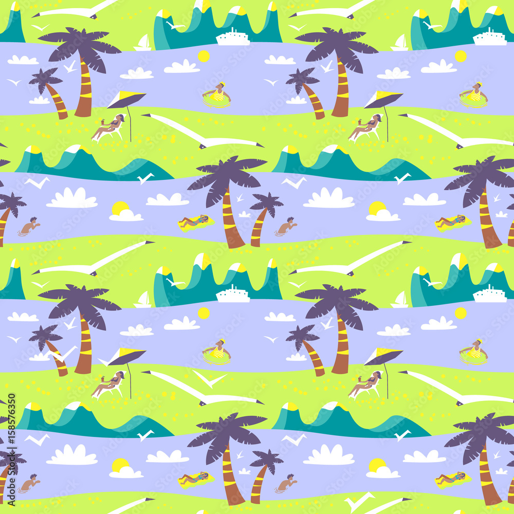 Obraz premium Summer beach seamless pattern. Idyllic sea landscape with mountains and palms